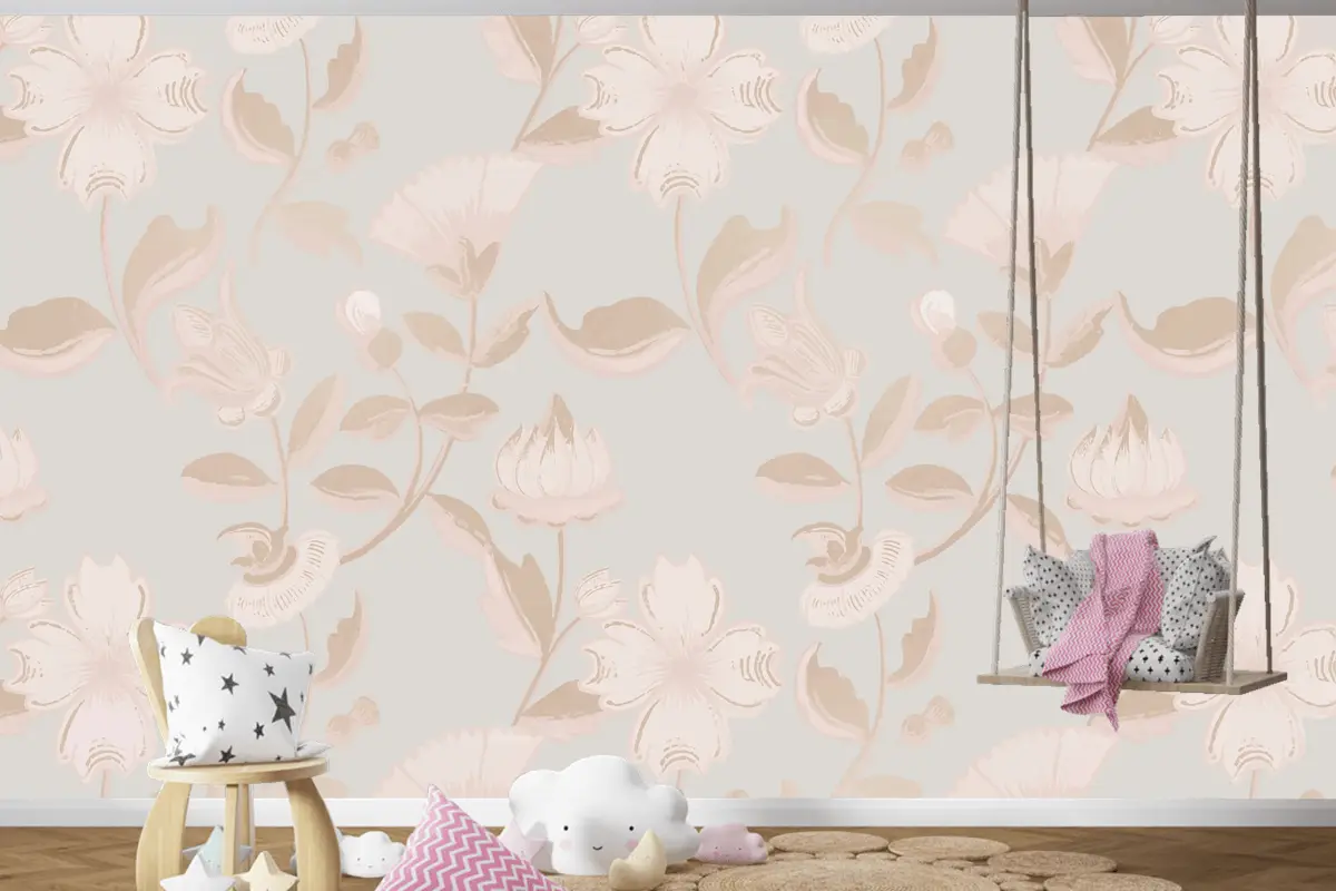 Vintage Nötr Çiçek Desenli Çocuk Odası Duvar Kağıdı 