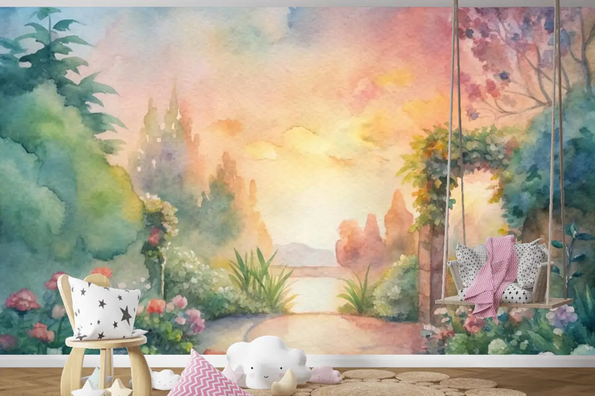 Çiçek Bahçesi Çocuk Odası Duvar Kağıdı  İçeren Suluboya Arka Plan