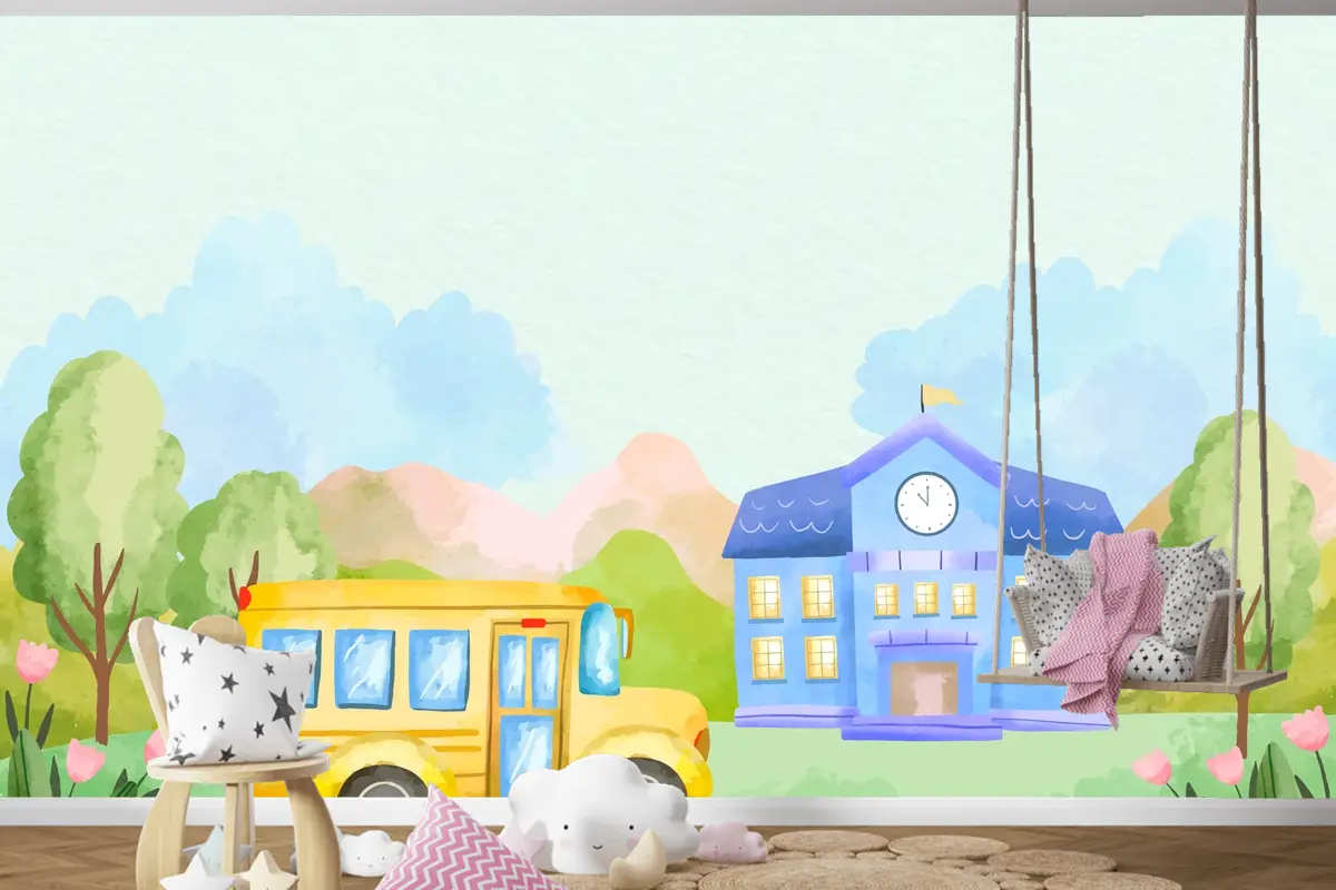 Okula Dönüş Sezonu Boys Çocuk Odası Duvar Kağıdı  Için Suluboya Arka Plan