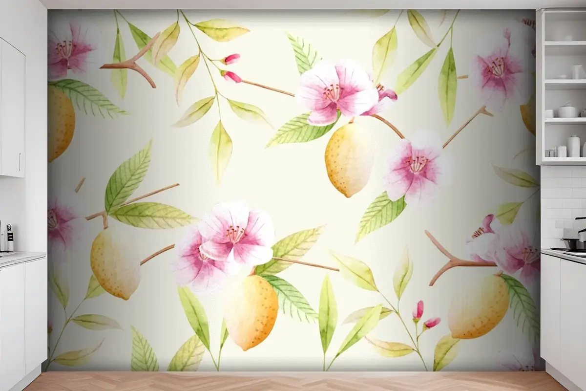 Çiçekli Suluboya Arka Plan Mutfak Duvar Kağıdı