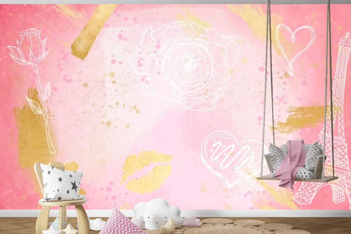 Elle Çizilmiş Öğeler Çocuk Odası Duvar Kağıdı  Ile Suluboya Arka Plan