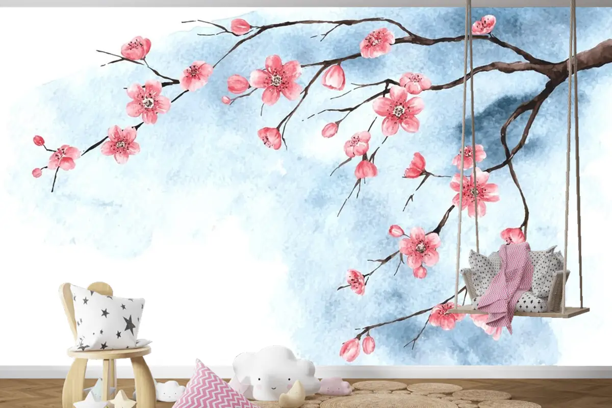 Suluboya Kiraz Çiçeği Çocuk Odası Duvar Kağıdı 