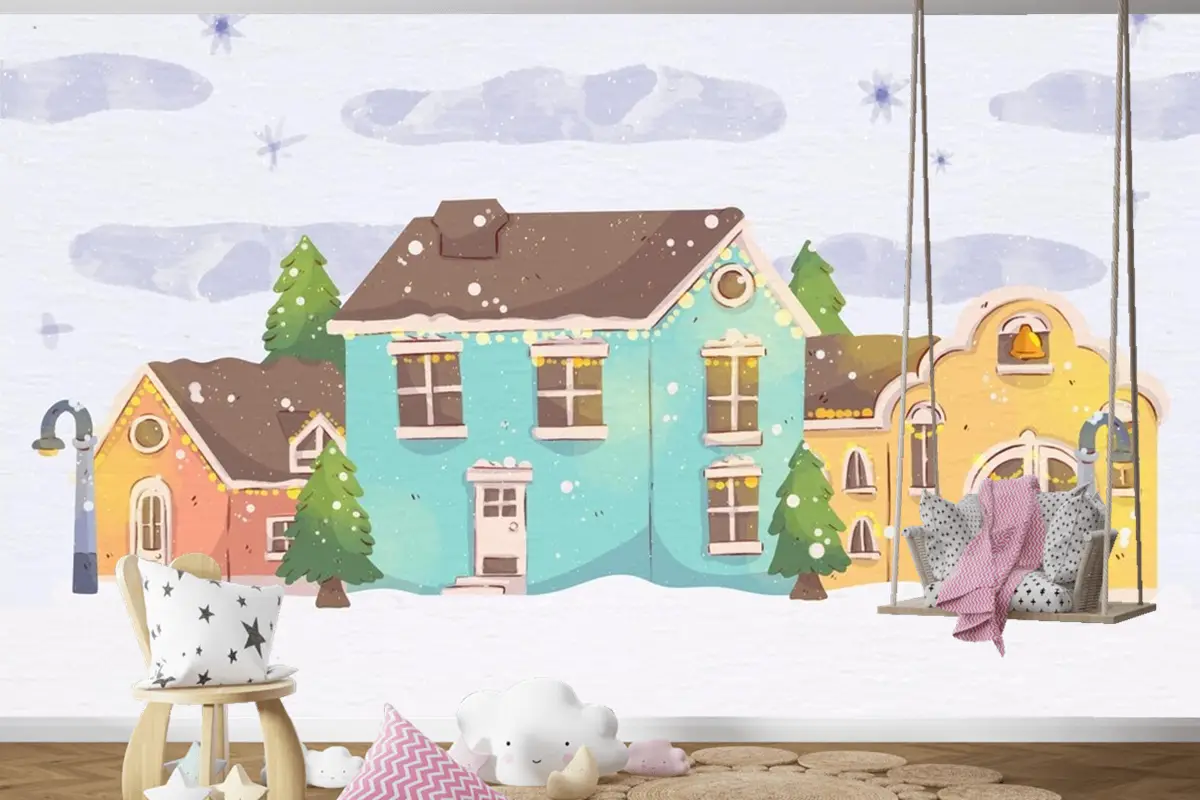Suluboya Noel Kasabası Çocuk Odası Duvar Kağıdı