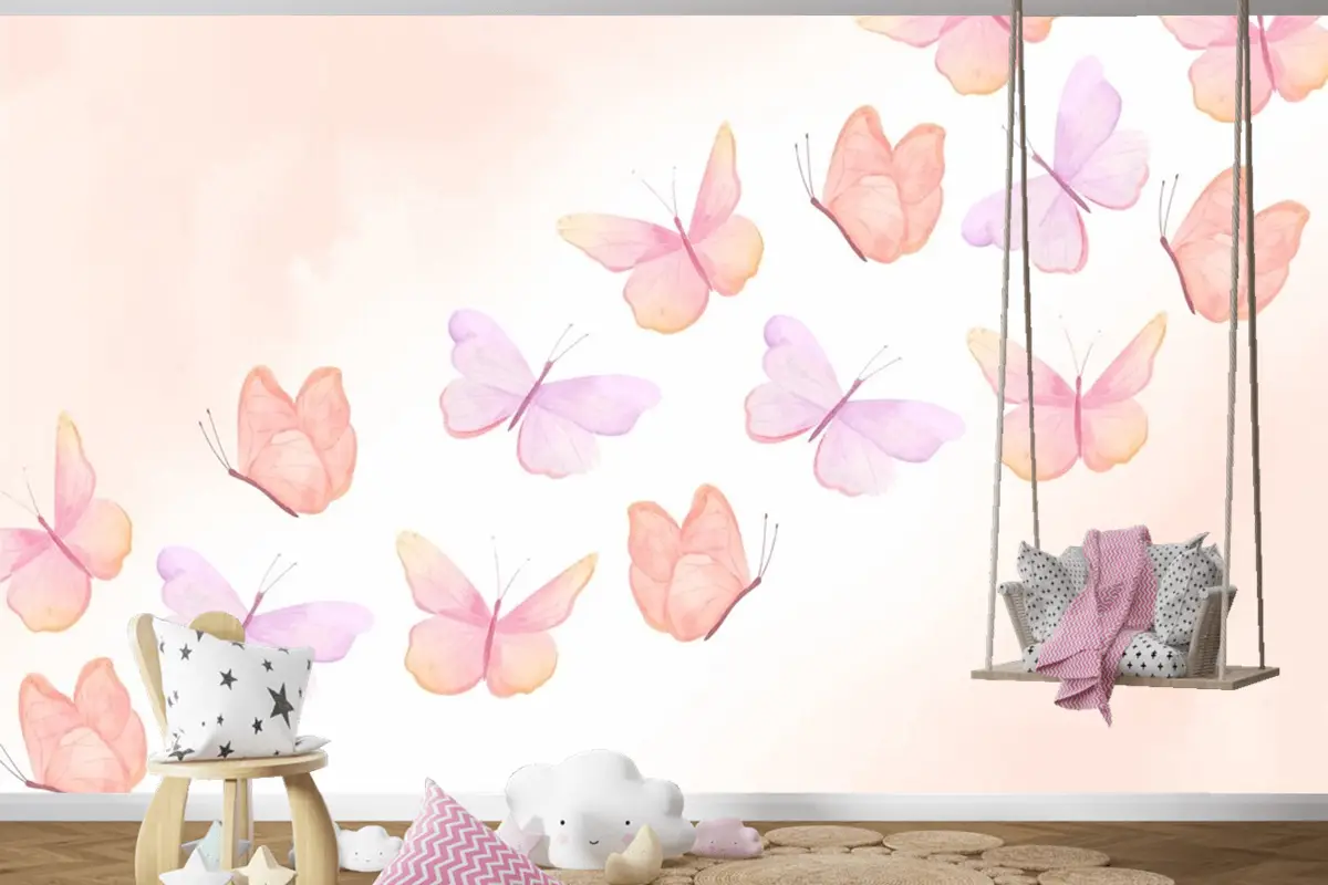 Suluboya Renkli Kelebek Arka Plan Çocuk Odası Duvar Kağıdı 