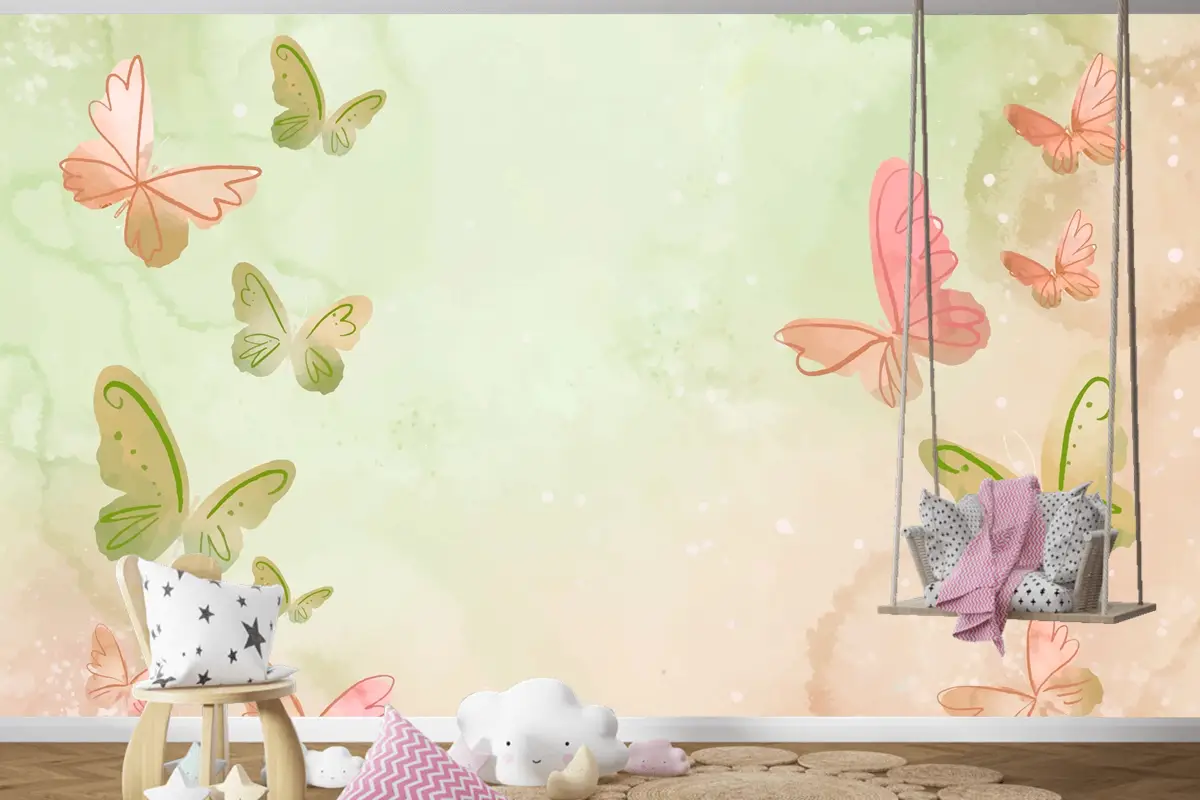 Suluboya Renkli Kelebek Arka Plan Çocuk Odası Duvar Kağıdı 