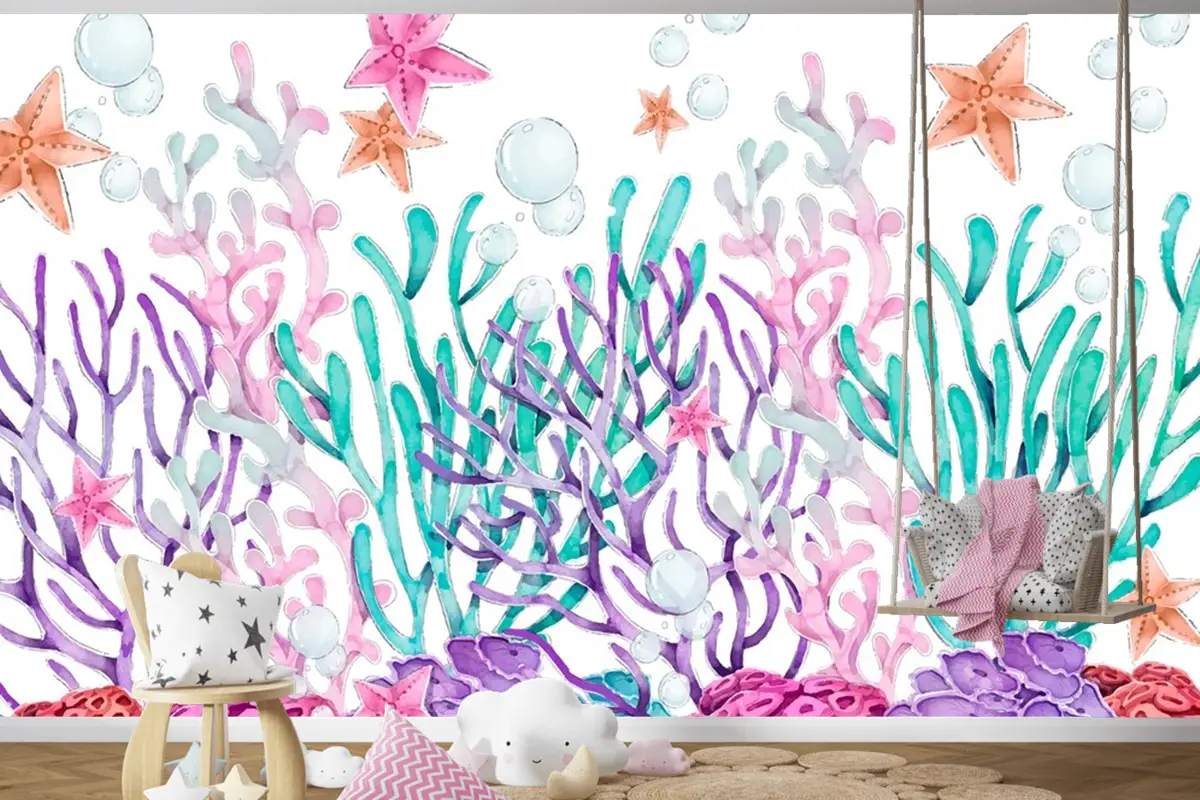 Suluboya Renkli Mercan Arka Plan Çocuk Odası Duvar Kağıdı 