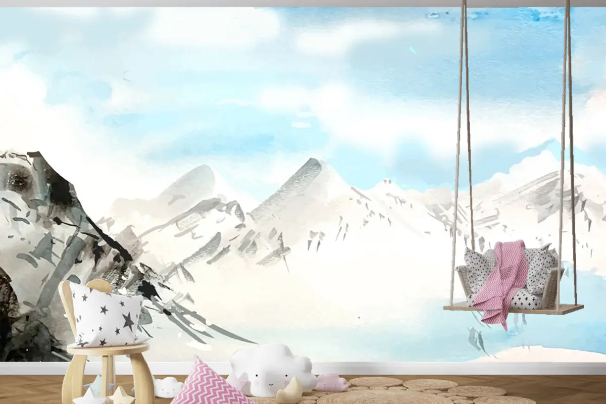 Suluboya Gündüz Dağları Arka Plan Çocuk Odası Duvar Kağıdı 