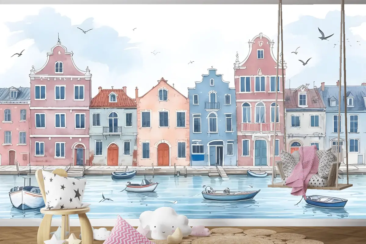 Çocuklar Için Suluboya Hollandalı Evler Çocuk Odası Duvar Kağıdı