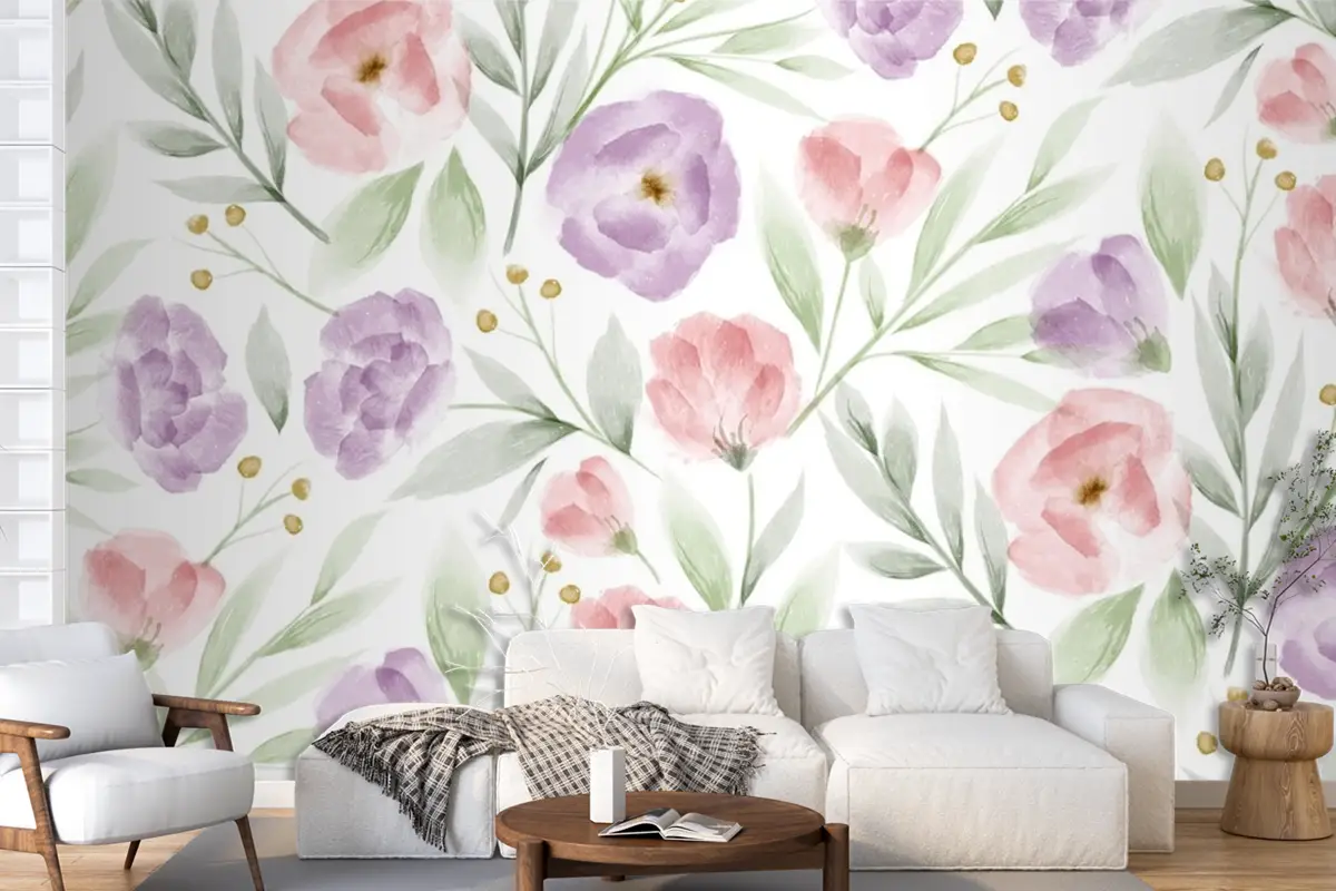 Suluboya Çiçek Desenli Duvar Kağıdı 