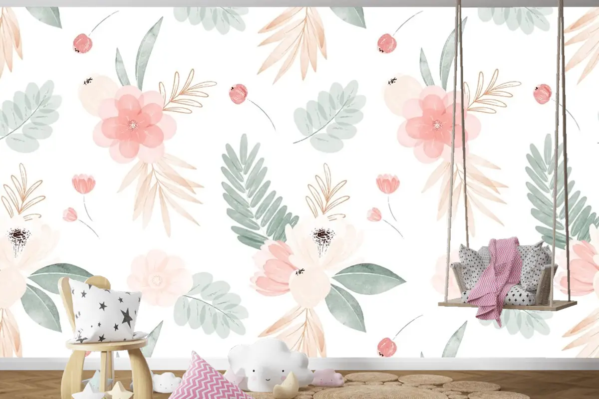 Suluboya Çiçek Çizim Arka Plan Çocuk Odası Duvar Kağıdı