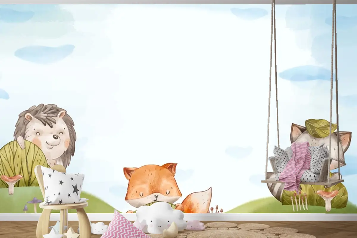 Suluboya Orman Hayvanları Arka Plan Çocuk Odası Duvar Kağıdı 