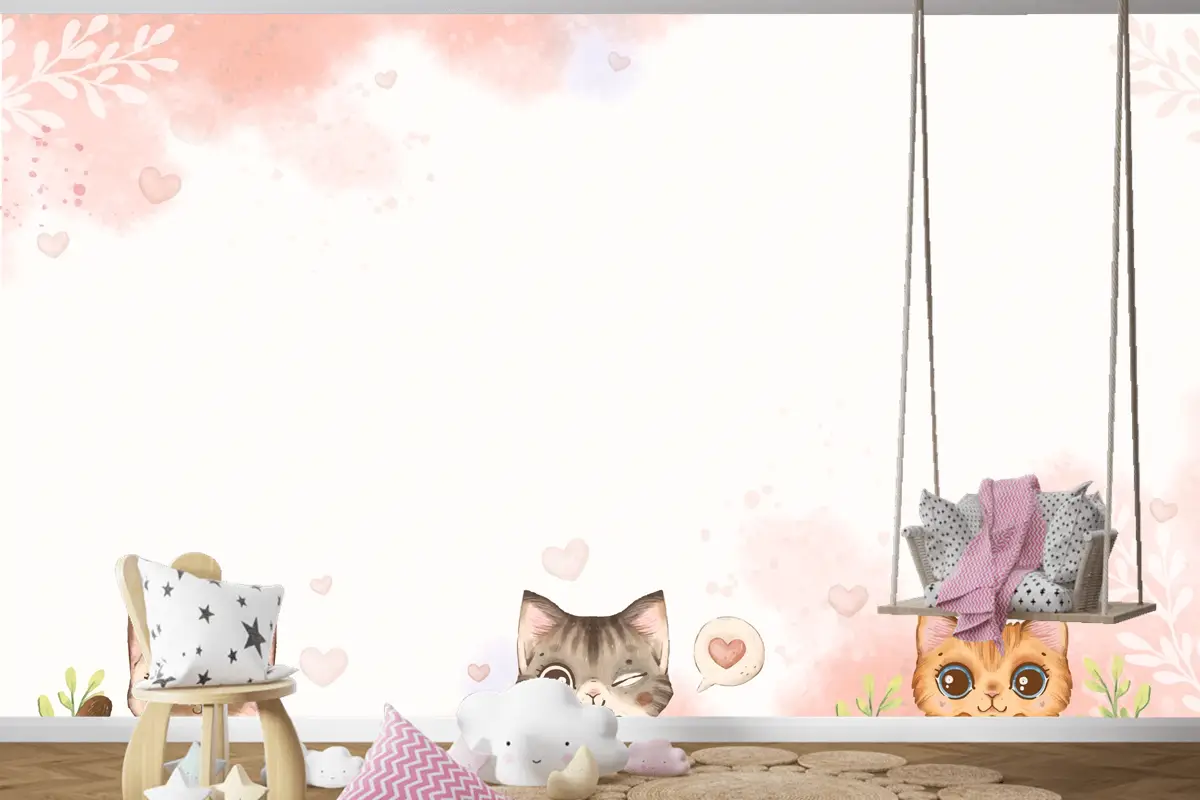 Suluboya Uluslararası Kedi Günü Çocuk Odası Duvar Kağıdı 