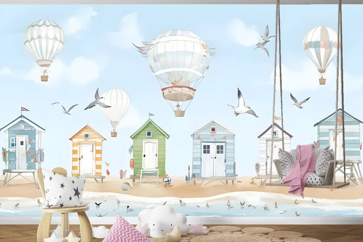 Sıcak Hava Balonlu Suluboya Çocuk Plaj Evi