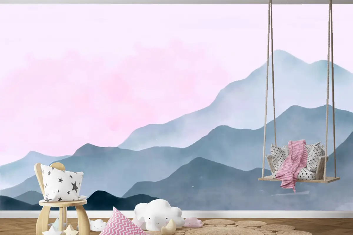 Pembe Gökyüzü Çocuk Odası Duvar Kağıdı  Ile Suluboya Dağlar Arka Plan