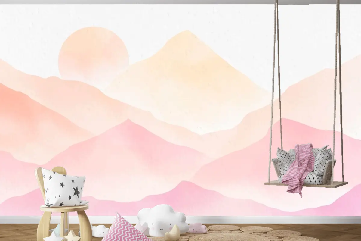 Suluboya Dağları Pembe Arka Plan Çocuk Odası Duvar Kağıdı 