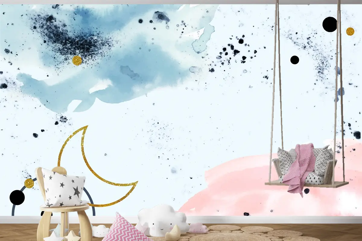 Altın Elementli Suluboya Boyalı Arka Plan Çocuk Odası Duvar Kağıdı