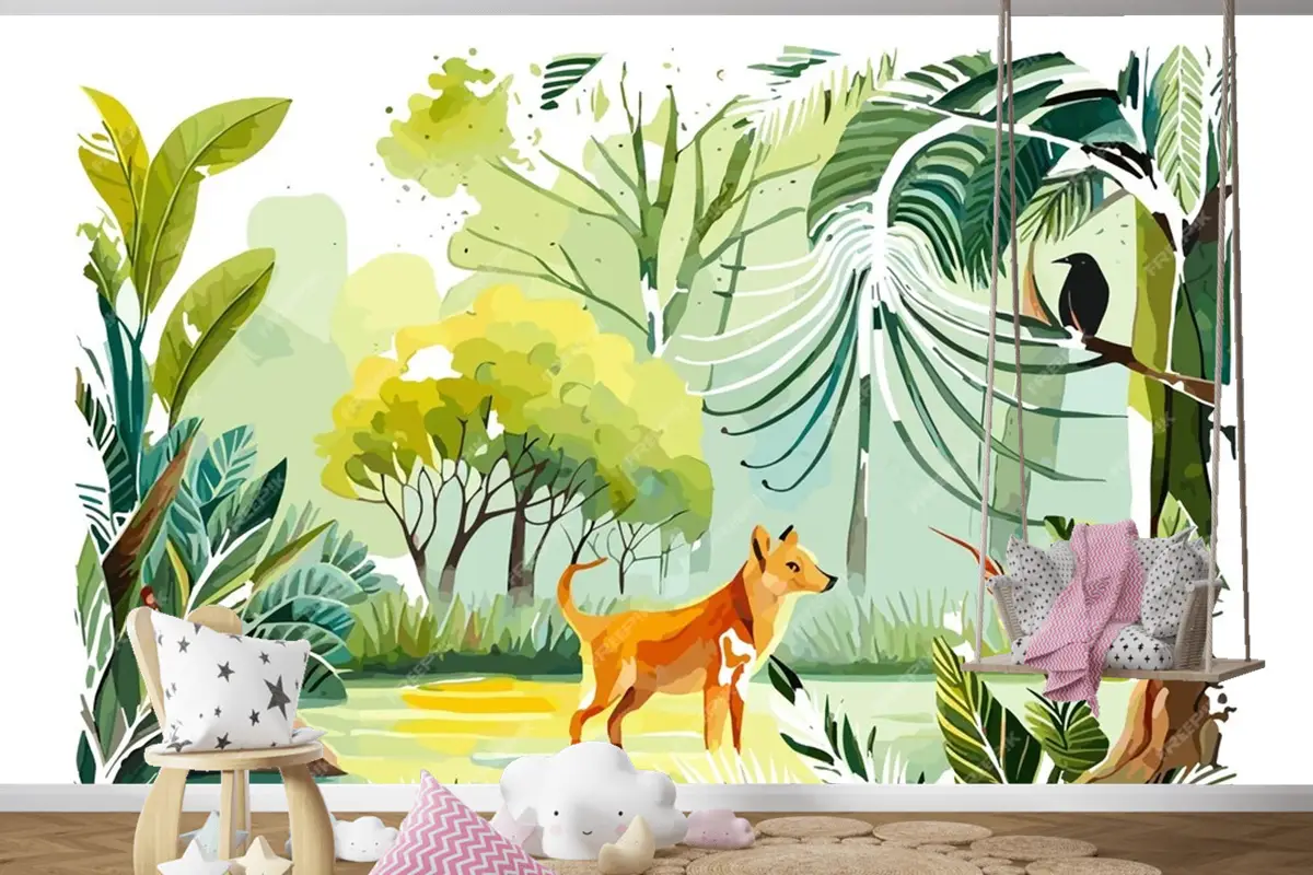 Ormanda Bir Köpek Ve Bir Kuşun Suluboya Resim Çocuk Odası Duvar Kağıdı