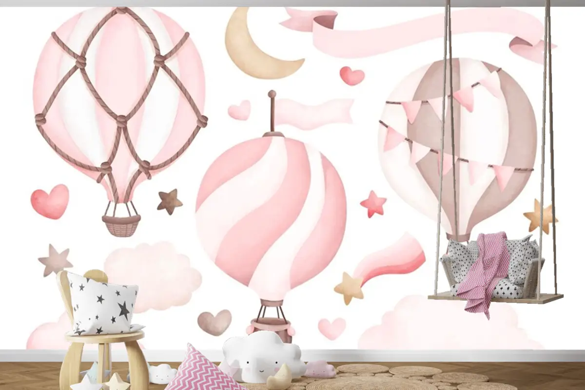Suluboya Pembe Sıcak Hava Balonu Çocuk Odası Duvar Kağıdı 
