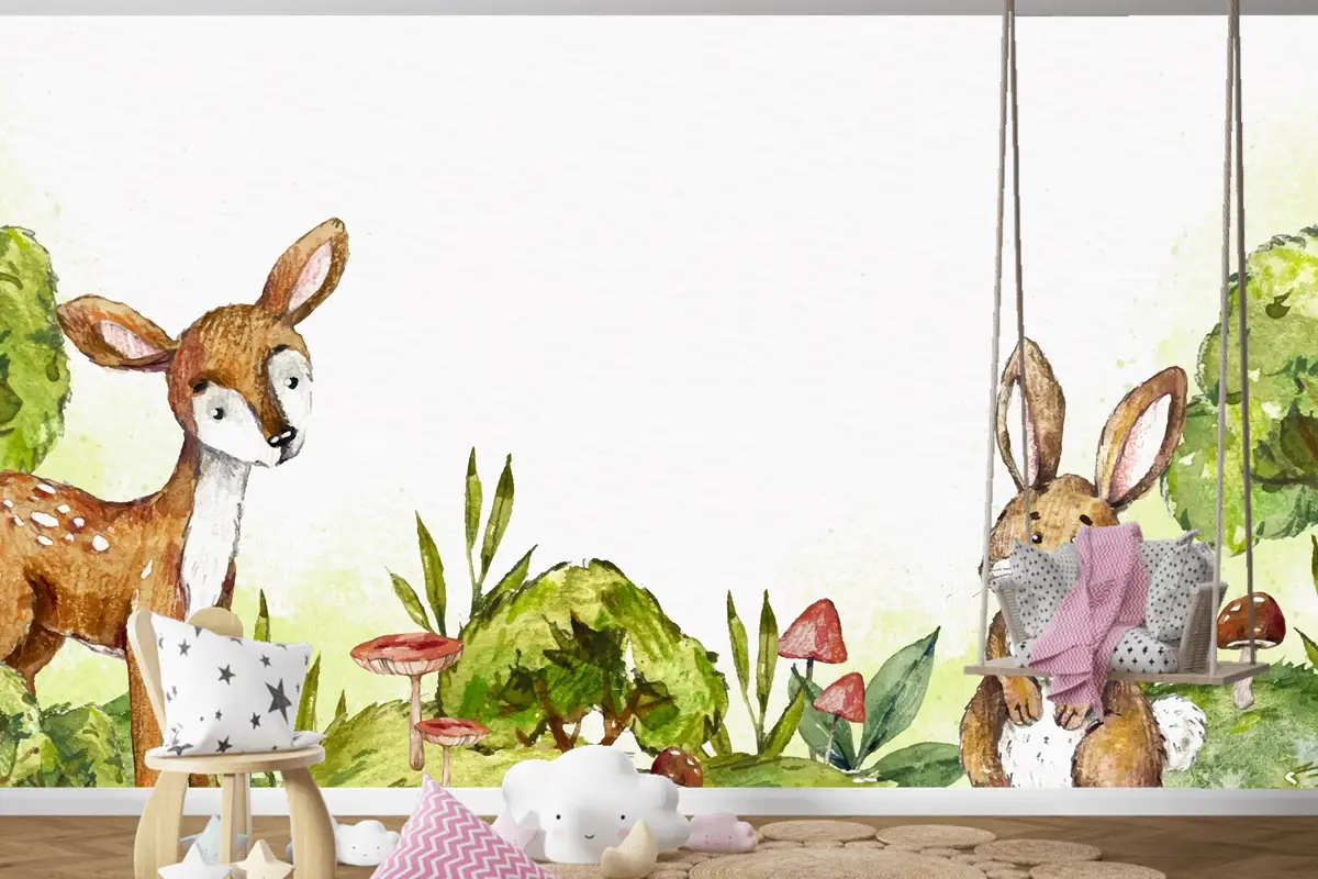 Suluboya Tavşan Ve Ormanda Geyik Çocuk Odası Duvar Kağıdı