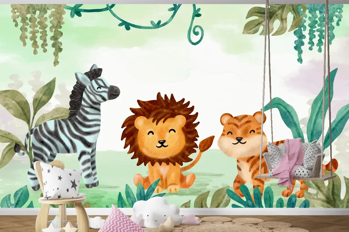 Suluboya Safari Arka Plan Boys Çocuk Odası Duvar Kağıdı 