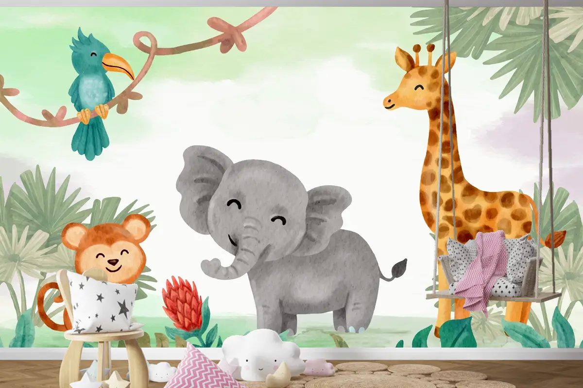 Suluboya Safari Arka Plan Çocuk Odası Duvar Kağıdı 