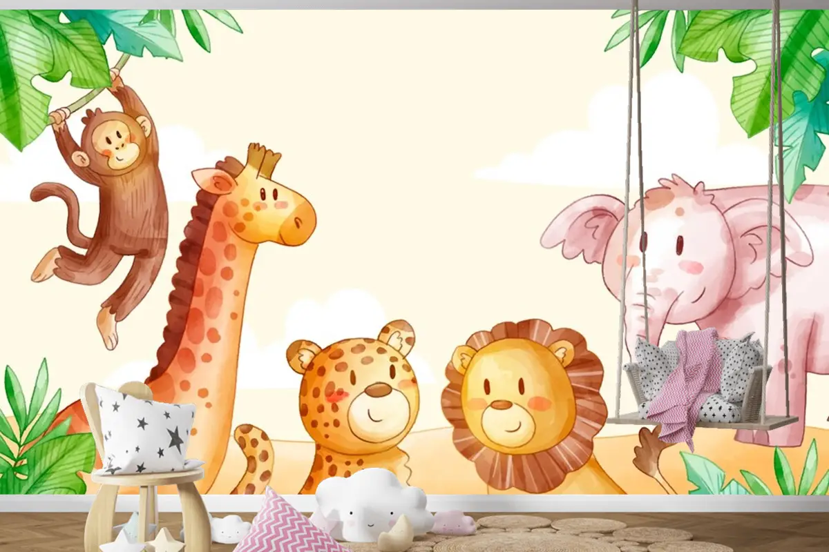 Suluboya Safari Arka Plan Çocuk Odası Duvar Kağıdı 