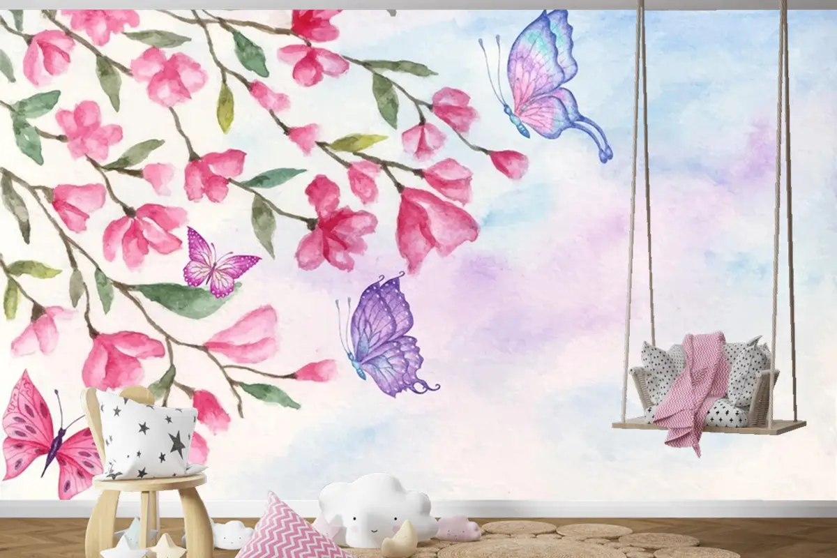 Güzel Kelebekler Çocuk Odası Duvar Kağıdı Ile Suluboya Bahar Manzara Arka Plan