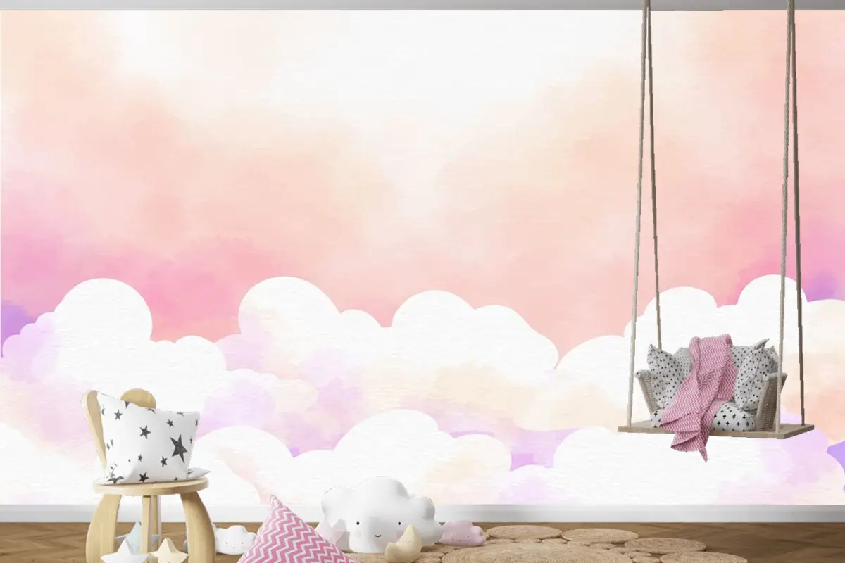 Suluboya Şeker Pamuk Bulutlar Arka Plan Çocuk Odası Duvar Kağıdı