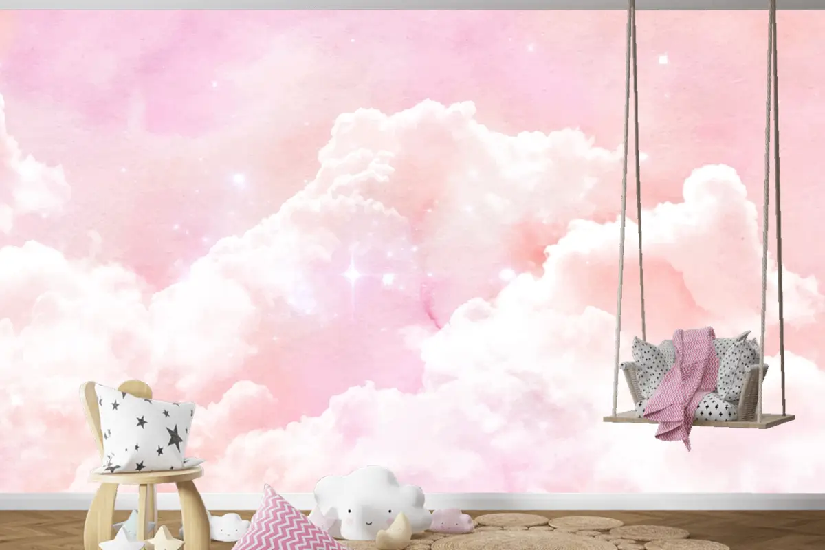 Suluboya Şeker Pamuk Bulutlar Arka Plan Çocuk Odası Duvar Kağıdı 