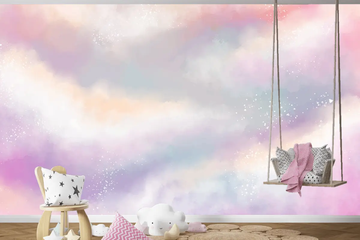 Suluboya Şeker Pamuk Bulutlar Çocuk Odası Duvar Kağıdı