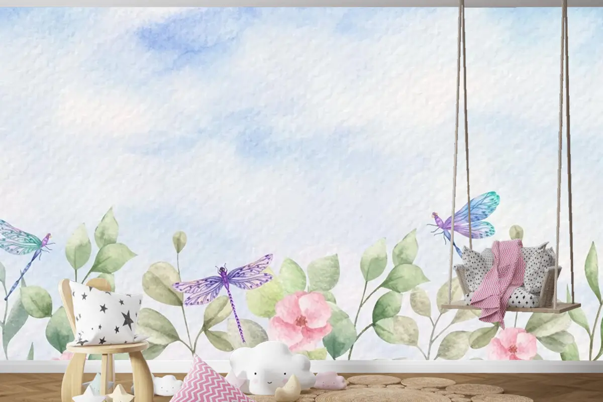 Suluboya Yabani Yapraklar Yusufçuk Çocuk Odası Duvar Kağıdı Ile Manzara Arka Plan