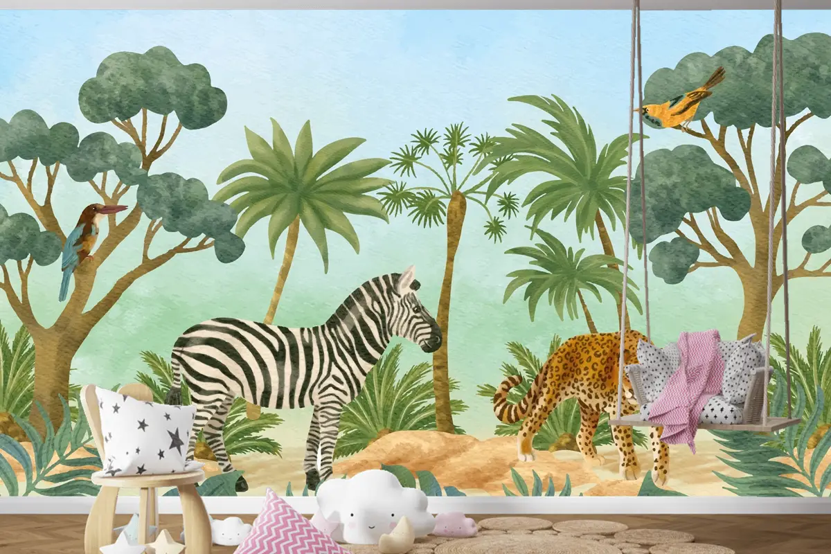 Suluboya Yaban Hayatı Arka Plan Çocuk Çocuk Odası Duvar Kağıdı 