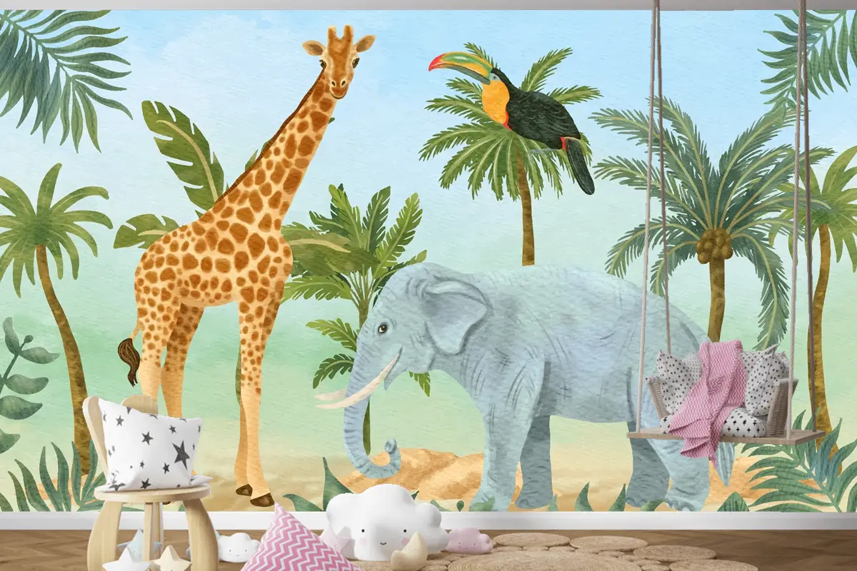 Suluboya Yaban Hayatı Arka Plan Çocuk Boys Çocuk Odası Duvar Kağıdı