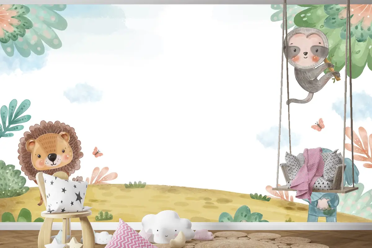 Suluboya Yaban Hayatı Arka Plan Çocuk Odası Duvar Kağıdı 