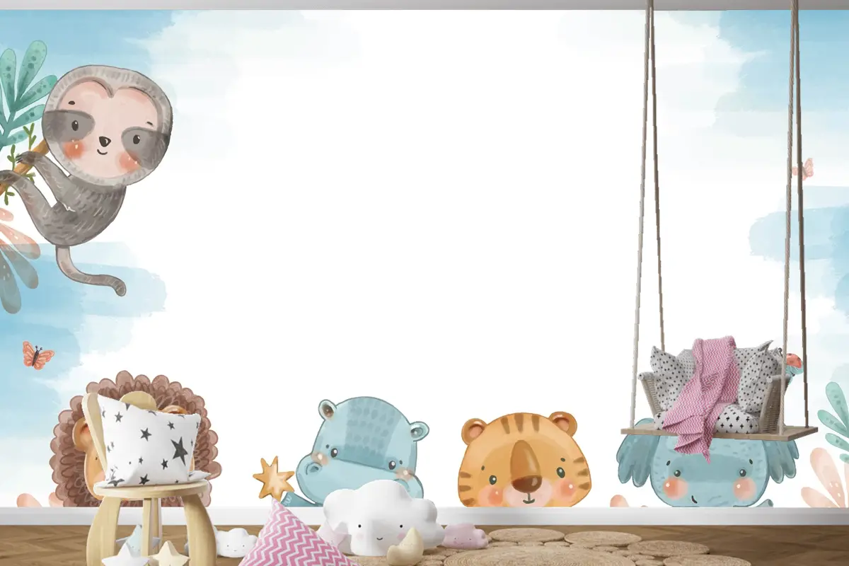 Suluboya Yaban Hayatı Arka Plan Çocuk Odası Duvar Kağıdı 