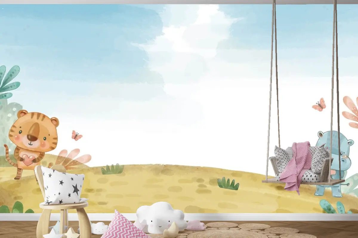 Suluboya Yaban Hayatı Arka Plan Çocuk Odası Duvar Kağıdı 
