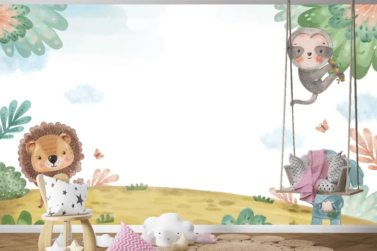 Suluboya Yaban Hayatı Arka Plan Çocuk Odası Duvar Kağıdı 