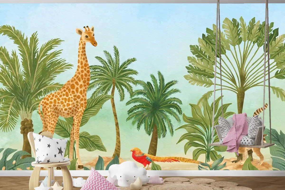 Suluboya Yaban Hayatı Arka Plan Çocuk Odası Duvar Kağıdı 