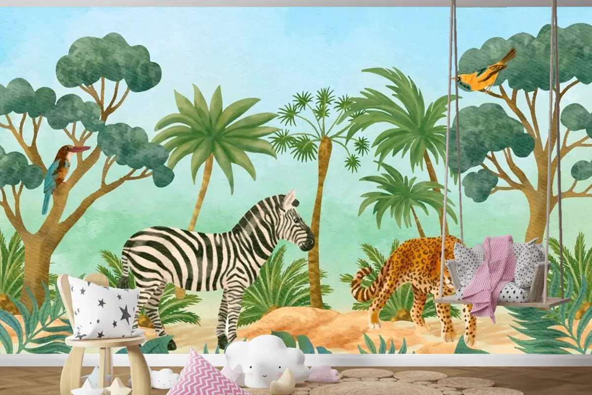 Suluboya Yaban Hayatı Arka Plan Çocuk Odası Duvar Kağıdı 
