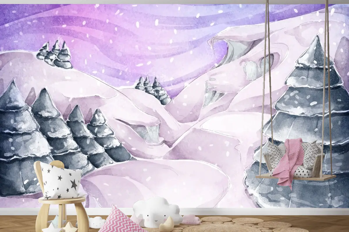 Çam Ağaçları Ile Suluboya Kış Manzarası Çocuk Odası Duvar Kağıdı