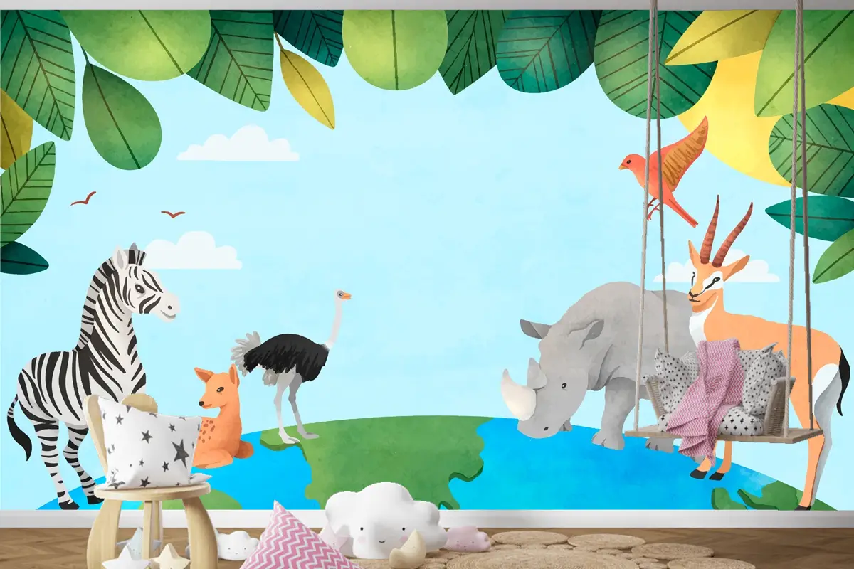 Suluboya Dünya Hayvan Günü Arka Plan Çocuk Odası Duvar Kağıdı 