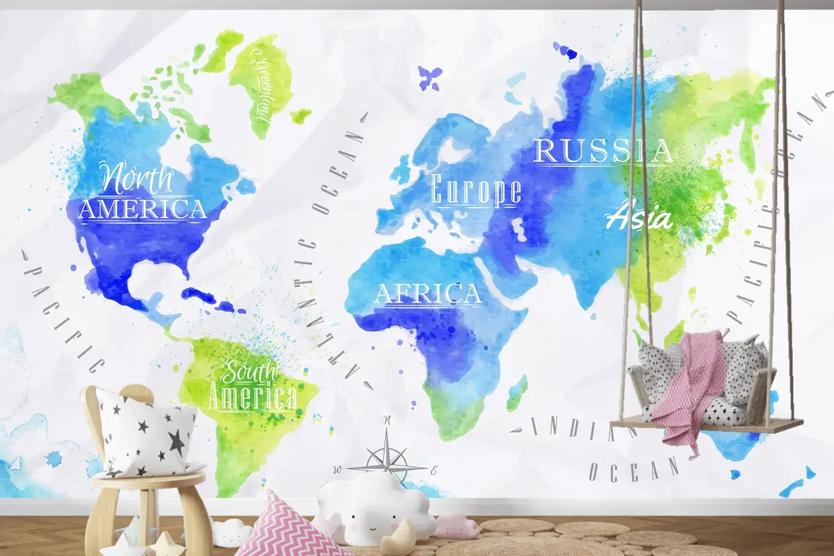 Suluboya Dünya Haritası Çocuk Odası Duvar Kağıdı 