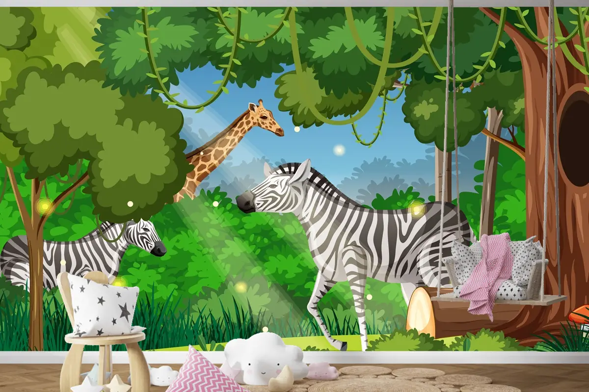 Ormandaki Vahşi Hayvanlar Manzara Çocuk Odası Duvar Kağıdı 
