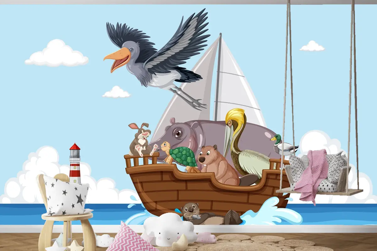 Bir Teknede Vahşi Hayvanlar Çocuk Odası Duvar Kağıdı