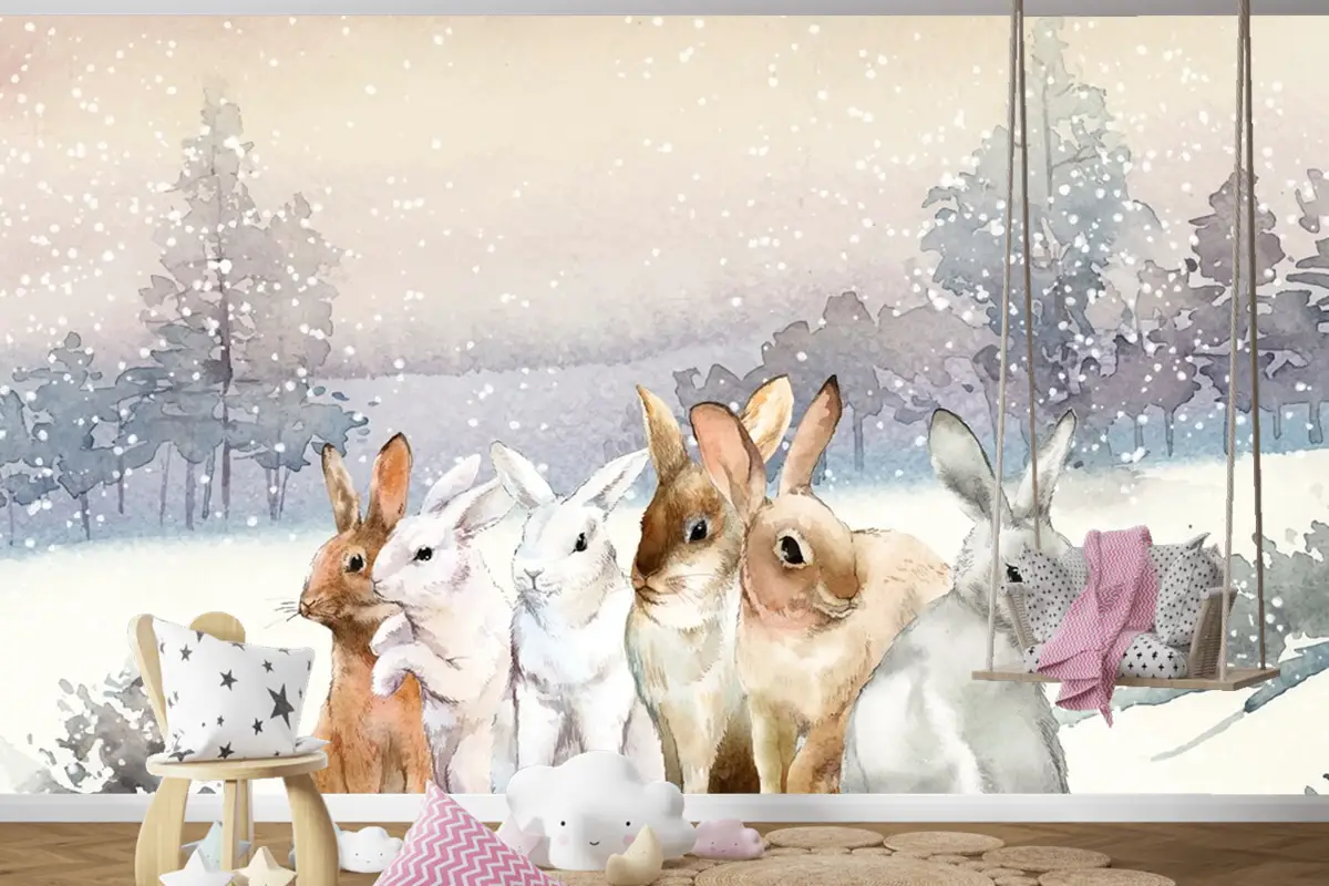 Kışın Karda Vahşi Tavşanlar Suluboya Çocuk Odası Duvar Kağıdı  Ile Boyanmış