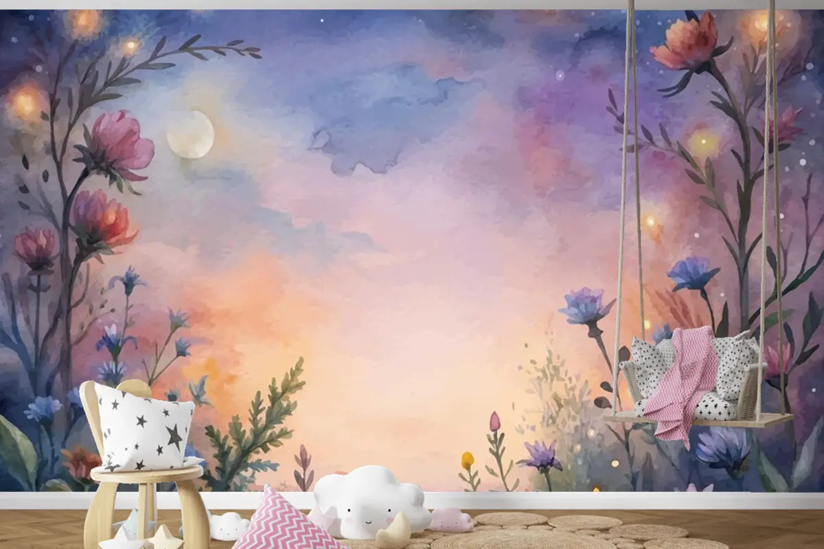 Gün Batımında Kır Çiçeği Suluboya Arka Plan Çocuk Odası Duvar Kağıdı