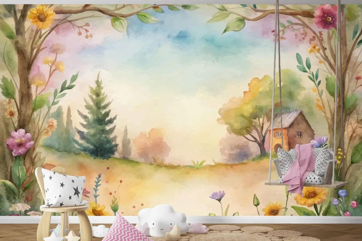 Kırsal Çocuk Odası Duvar Kağıdı Duvarında Kır Çiçeği Suluboya Arkaplan