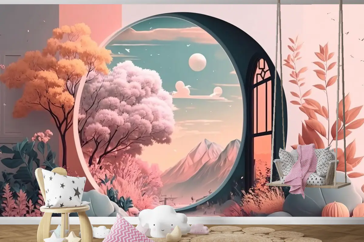 Manzara Manzaralı Pencere Çocuk Odası Duvar Kağıdı 