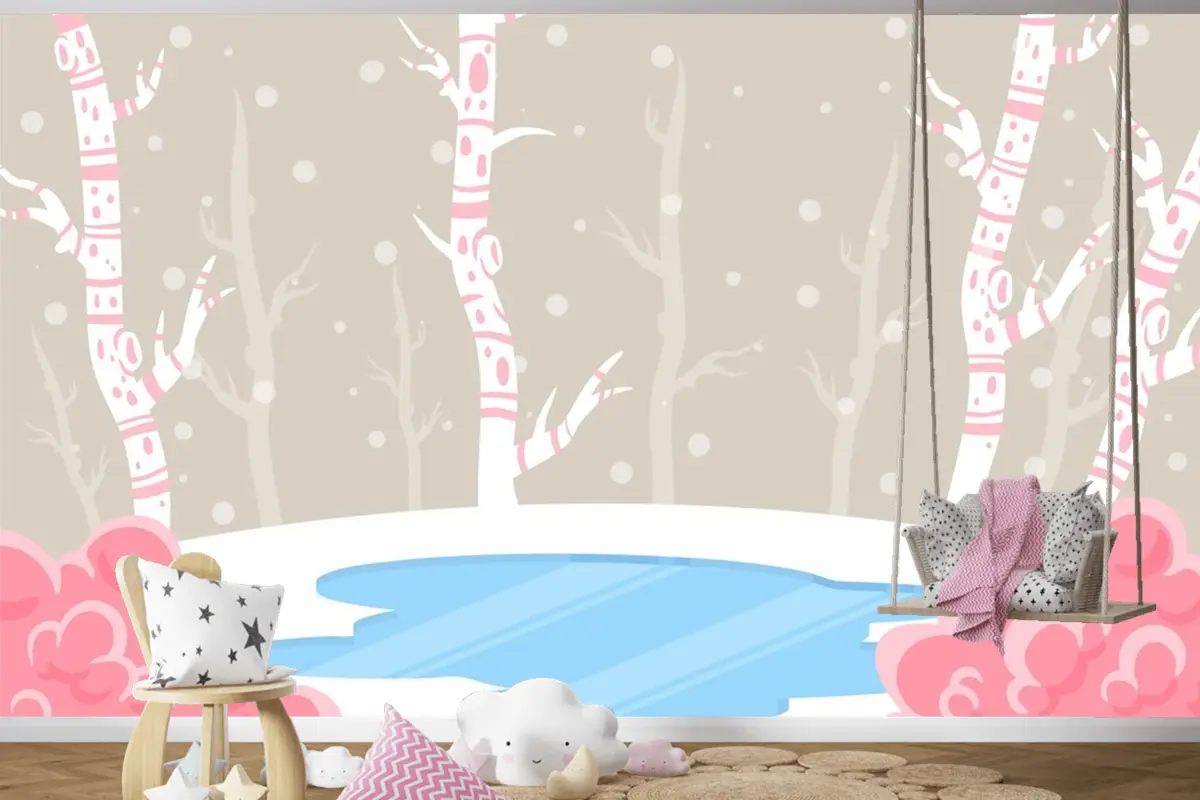 El Çizimi Çocuk Odası Duvar Kağıdı Duvarında Kış Konsepti