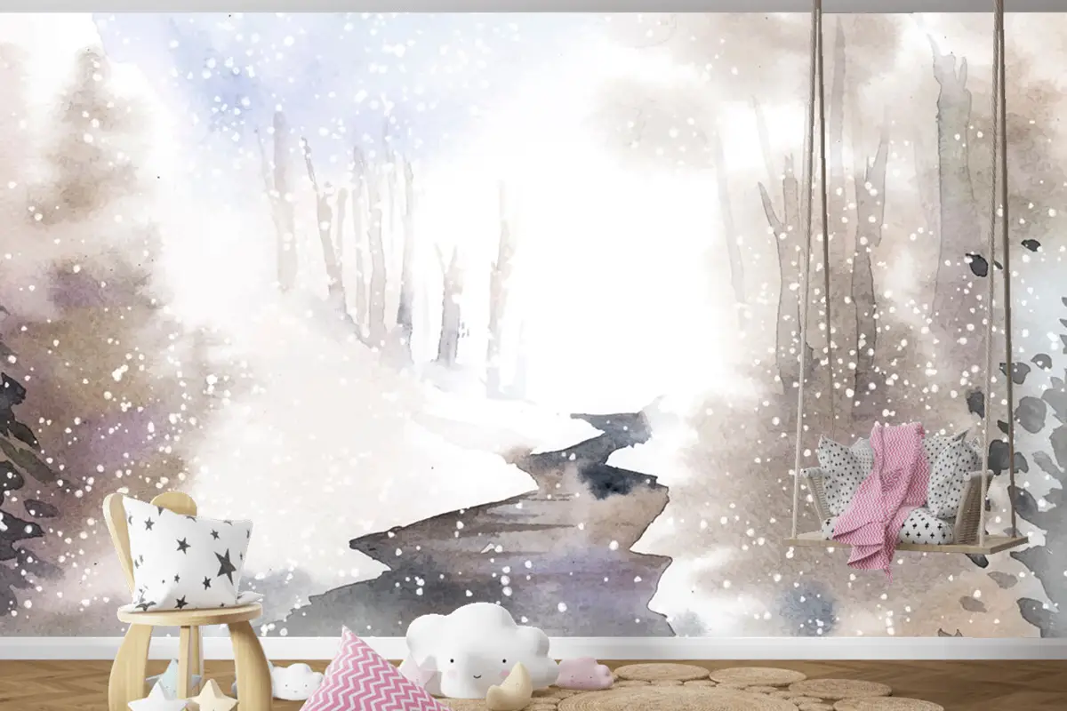 Kış Harikalar Diyarı Manzarası Suluboya Çocuk Odası Duvar Kağıdı  Ile Boyalı